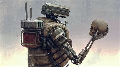 Wallpaper Robot Futuristik Karya Seni Tentara Tengkorak Mesin