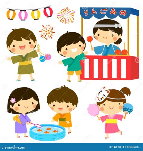 Kids At The Summer Festival In Japan Stock Vector Illustration Of