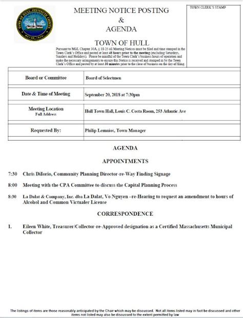 Town Of Hull Board Of Selectmen Agenda September 20 2018