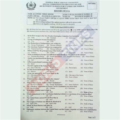 CSS Special Competitive Examination Paper 2023 (History of USA