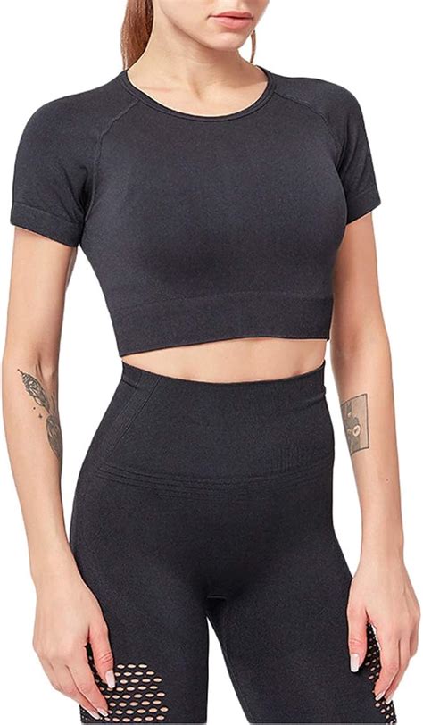 SotRong Women Seamless Yoga Gym Crop Top Short Sleeve Workout Running