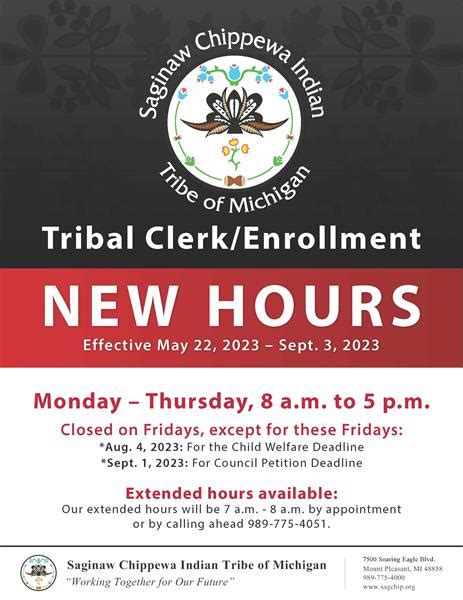 Tribal Clerk Enrollment Summer Hours Saginaw Chippewa Indian Tribe