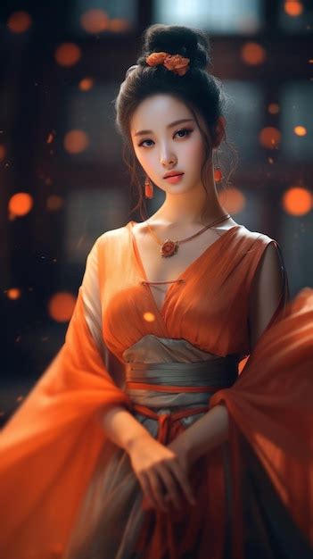 Premium Ai Image Portrait Of A Beautiful Asian Woman In Orange Dress