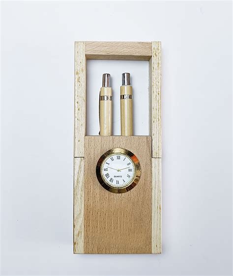 Wooden Pen Stand With Clock Personalized With Custom Logo