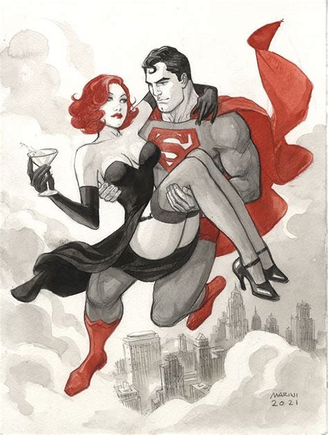 Superman And Batgirl Flying Original Illustration By Enrico Marini