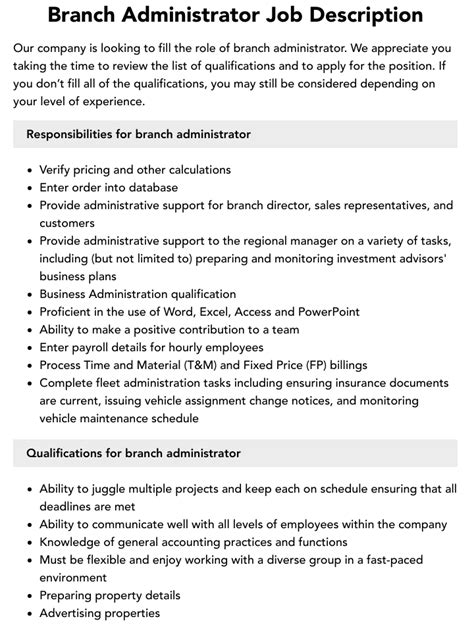 Branch Administrator Job Description Velvet Jobs