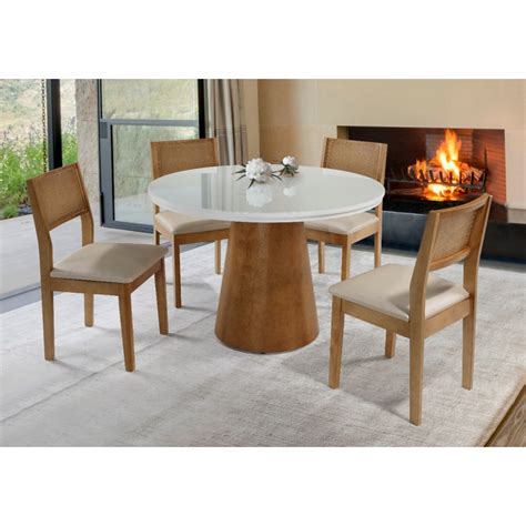 Conjunto de Mesa madeira Redonda Vidro Fendi Sílvia 4 Cadeiras