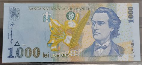 Romania Lei Mihai Eminescu Unc Filigran Bnr Mare Inclinat