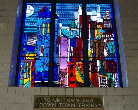 A Stained Glass Window With The Words To Up Town And Down Town Trains