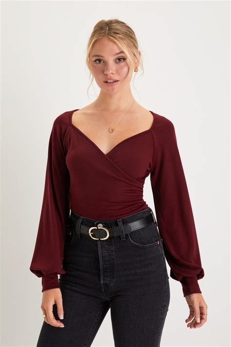 Cute Burgundy Top Surplice Top Long Sleeve Top Lulus