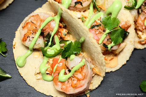 Sous Vide Cilantro Lime Shrimp Tacos With Avocado Cilantro Cream Sauce