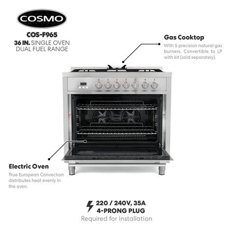 Cosmo F965 36 In Dual Fuel Range With 5 Gas Burners Electric Convection Oven With 38 Cu Ft