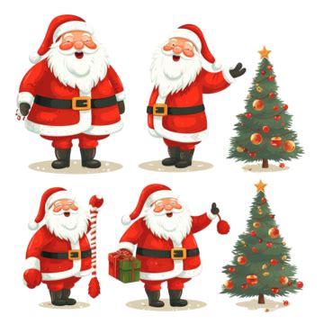 Christmas Set Of Tree Santa Claus Santa In Different Positions In Flat