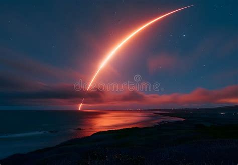 Rocket Launch Trail Over Coastal Night Sky Stock Illustration