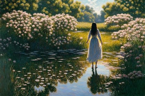 Premium Ai Image Woman Wearing White Dress Walking Through Water