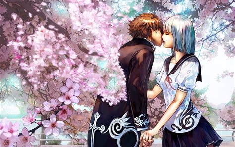 Wallpaper Cherry Kiss Cherry Blossoms Couple Love 1680x1050