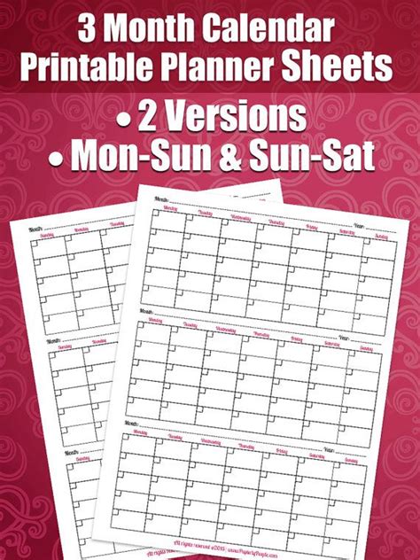 3 Month Calendar Printable Planner Sheets, 8.5X11 Letter Sized, Great ...