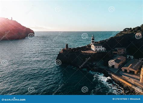 Aerial View of Port De Soller Lighthouse in Mallorca, Spain Stock Photo ...