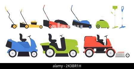 Lawn Mower And Grass Cutters Cartoon Icons Set Isolated Vector