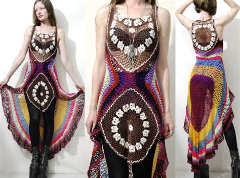 Crochet Dress Vintage Lace Sheer Colourful Fishtail Train Etsy