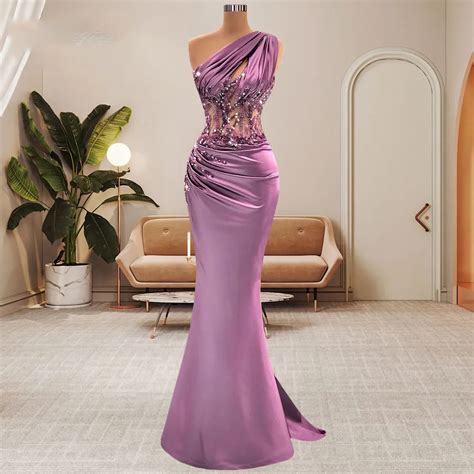 One Shoulder Mermaid Evening Dresses Arabic Women Beaded Waist Prom