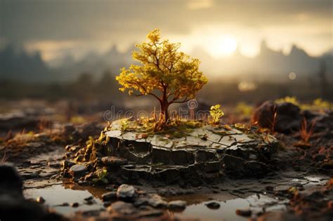 árbol Verde Solitario En El Lugar Desierto La Erosión Del Suelo Y El