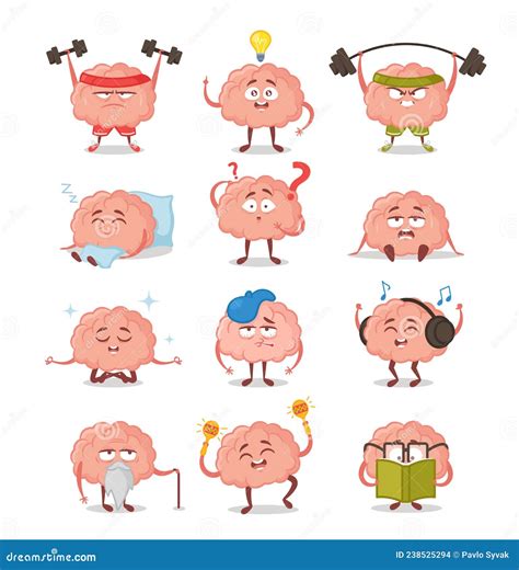 Brain Characters Cartoon Mascot With Funny Face Vector Illustration