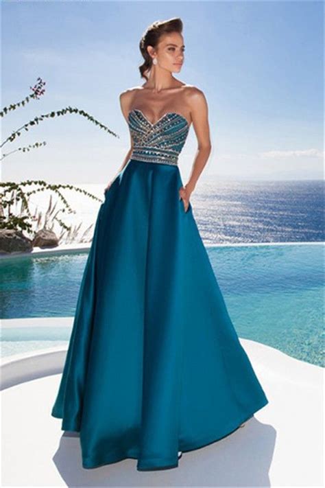 Charming A Line Strapless Long Teal Satin Beaded Prom Dress Teal Prom Dresses