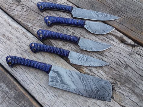 Hand Forged Damascus Steel Blue Handles Chefs Knives Set Chef Knife