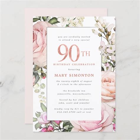 Blush Pink Floral 90th Birthday Party Invitation Zazzle