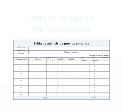 Plantilla De Formato Excel Tabla De An Lisis De Precios Unitarios Y