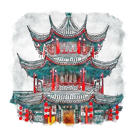 Qibao Shanghai China Watercolor Sketch Hand Drawn Illustration 9879217