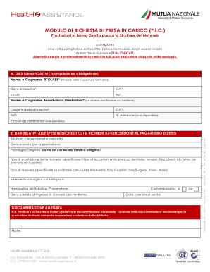 Fillable Online Modulo Di Richiesta Di Presa In Carico P I C Fax