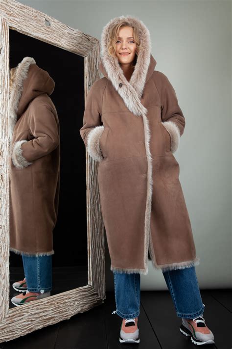 Fur Lined Hooded Beige Toscana Sheepskin Coat | Handmade by NordFur