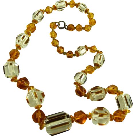 Vintage Art Deco Czech Glass Bead Necklace Amber And Clear From Ornaments On Ruby Lane