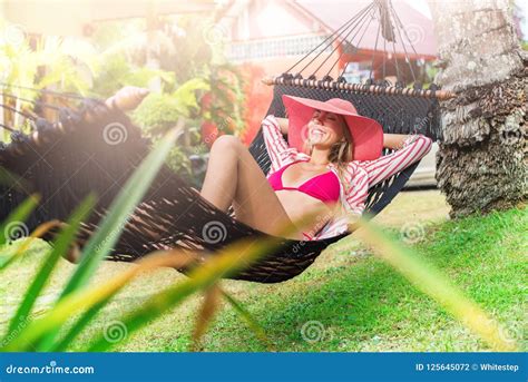 Beautiful Woman Bikini Straw Hat Relaxing Hammock Stock Photo Image