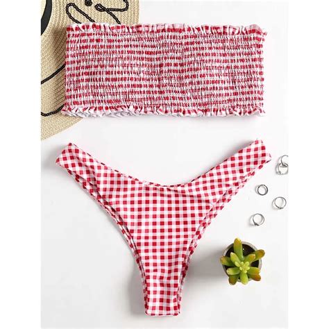 Sexy Checkered And Smocked Strapless Gingham Bikini With Bandeau