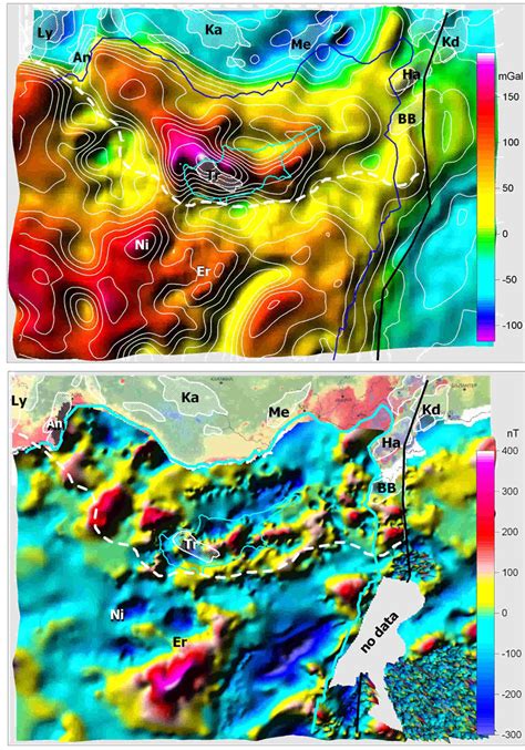 A Bouguer Gravity Map And B Magnetic Anomaly Map Of The North