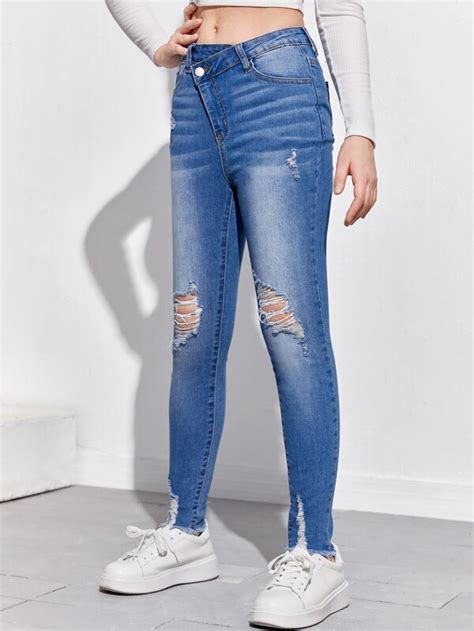 Shein Ragazze Adolescenti Jeans Con Strappati Contorto Vita Orlo Grezzo