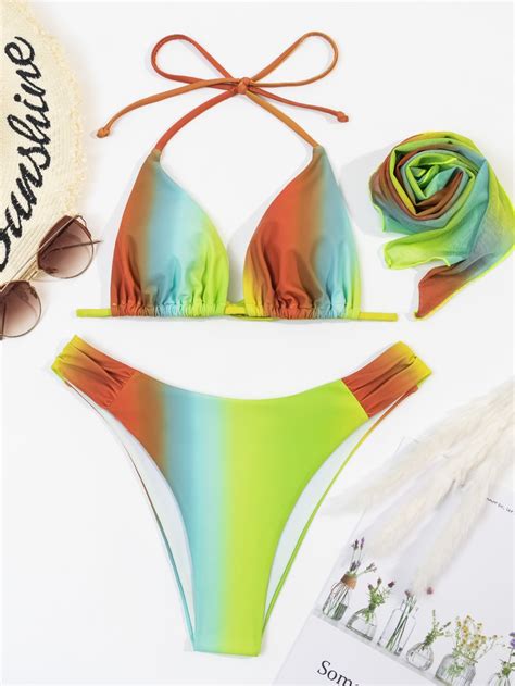 De Ombr Ba Ador Bikini Tri Ngulo Halter Con Pa Uelo Moda De Mujer