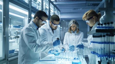 Premium Photo Team Of Scientists Working In A Modern Laboratory They Are Wearing Lab Coats And