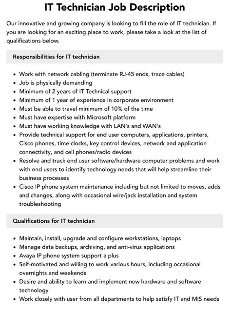 It Technician Job Description Velvet Jobs