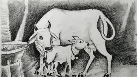 Cow And Calf Pencil Drawing