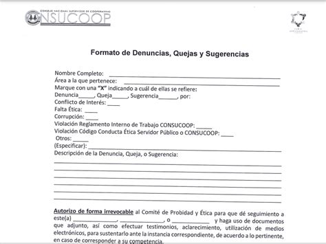 Formato De Denuncias Quejas Y O Sugerencias Consucoop