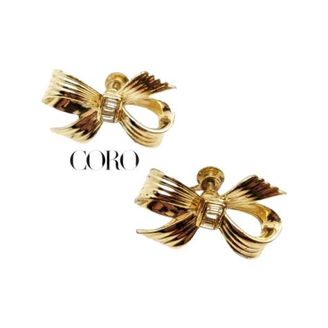 Vintage Coro Signed S Gold Plate Bow Screwback Rhinestone Earrings