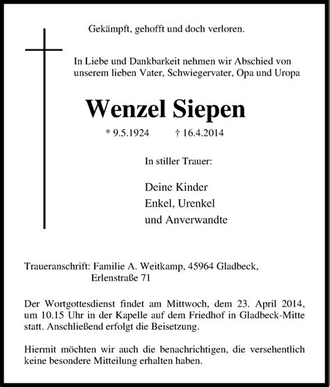 Traueranzeigen Von Wenzel Siepen Trauer In Nrw De