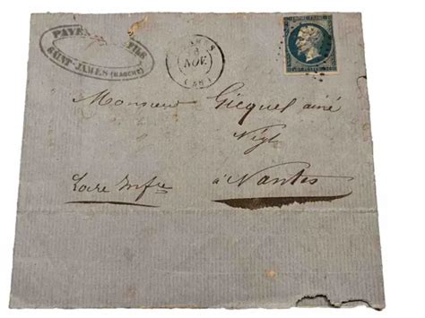 SUR LETTRE 1862 Timbre Napoléon III non Dentelé Empire Franc Bleu Type