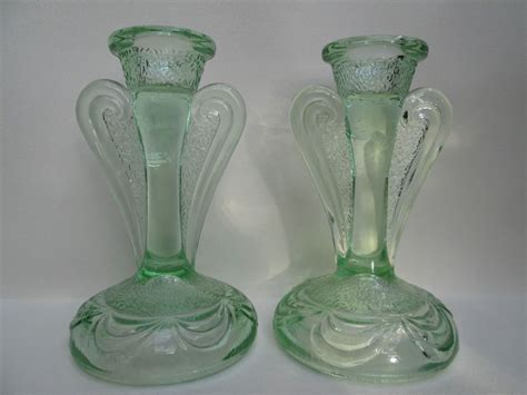 Beautiful Viintage Art Deco Circa 1930 S Green Glass Rutland Candle Sticks Candlesticks Green