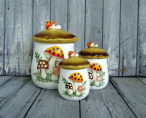 Merry Mushroom Canister Set Ceramic Sears Orange Brown Vintage Etsy