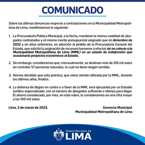 Municipalidad De Lima On Twitter Comunicado La Municipalidad